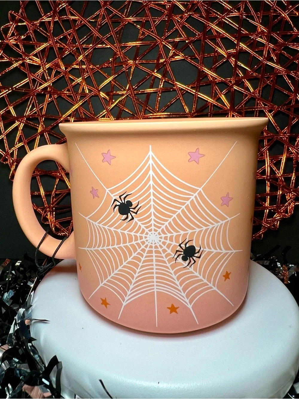 Halloween Light Orange Spiderweb Mug with Black Spiders Ombré Stars Stoneware
